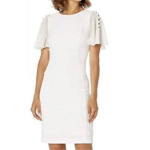 Calvin Klein white knee-length dress short trumpet laces sleeve with buttons up